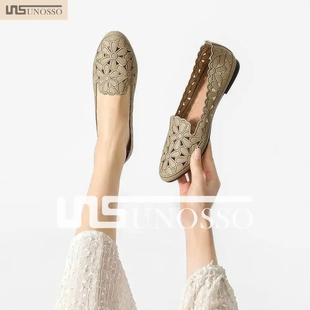 Women's Floral Ballet Flats for Women Black Beige Slip On Flowers PU Leather Round Toe Dress Shoes - Image 3