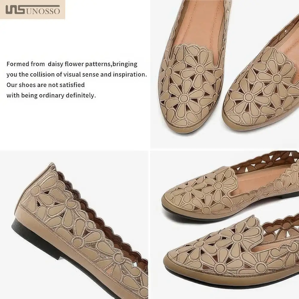Women's Floral Ballet Flats for Women Black Beige Slip On Flowers PU Leather Round Toe Dress Shoes - Image 4