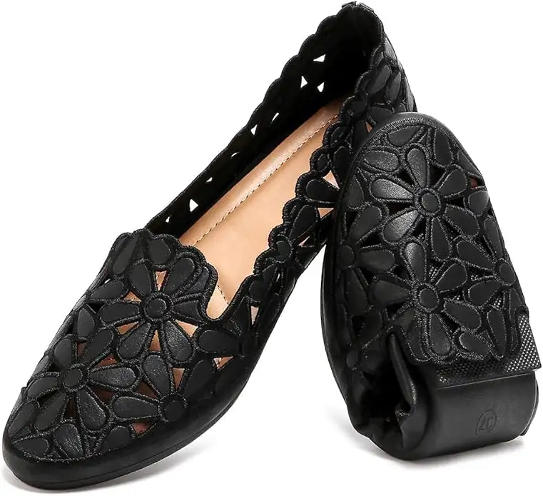 Women's Floral Ballet Flats for Women Black Beige Slip On Flowers PU Leather Round Toe Dress Shoes - Image 5