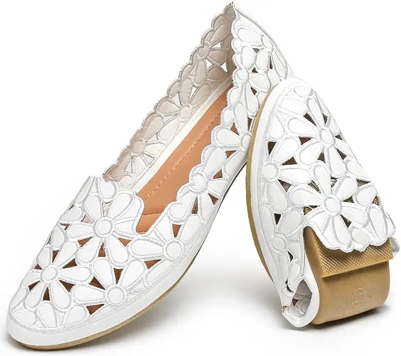 Women's Floral Ballet Flats for Women Black Beige Slip On Flowers PU Leather Round Toe Dress Shoes - Image 6