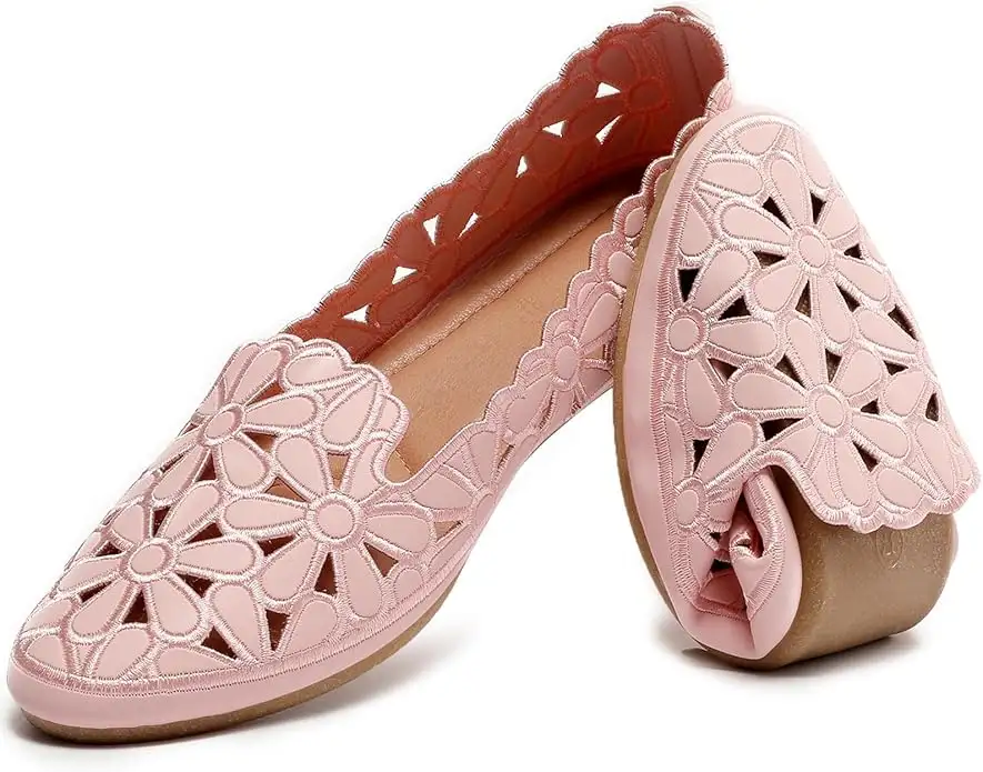 Women's Floral Ballet Flats for Women Black Beige Slip On Flowers PU Leather Round Toe Dress Shoes - Image 7