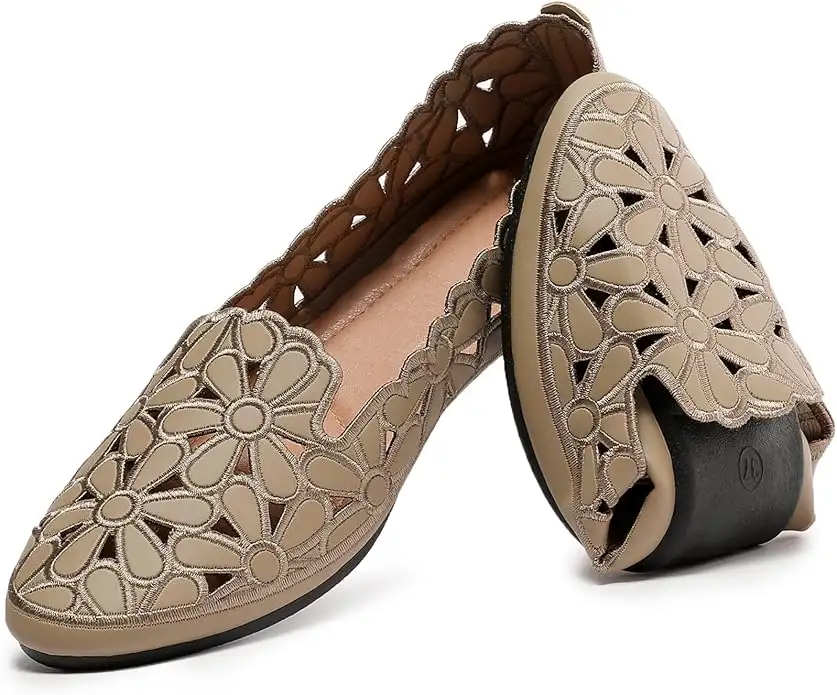 Women's Floral Ballet Flats for Women Black Beige Slip On Flowers PU Leather Round Toe Dress Shoes